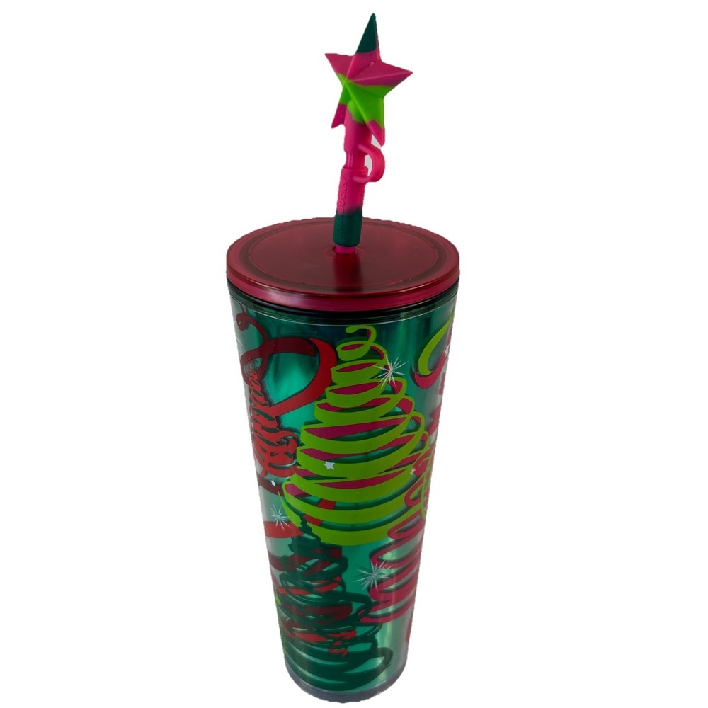 Starbucks 2023 Ribbon Trees Holiday Venti Tumbler Star Straw Cover‎ 24oz